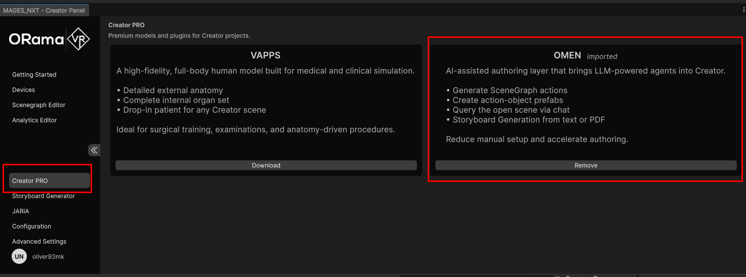 OMEN install task in the Creator Panel