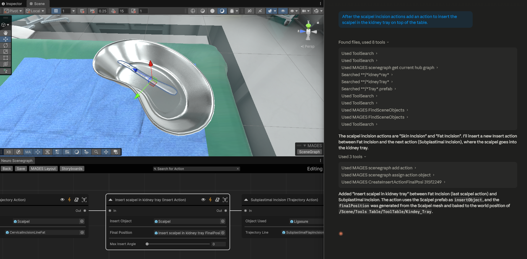 Agentic AI authoring a Creator SceneGraph action from chat