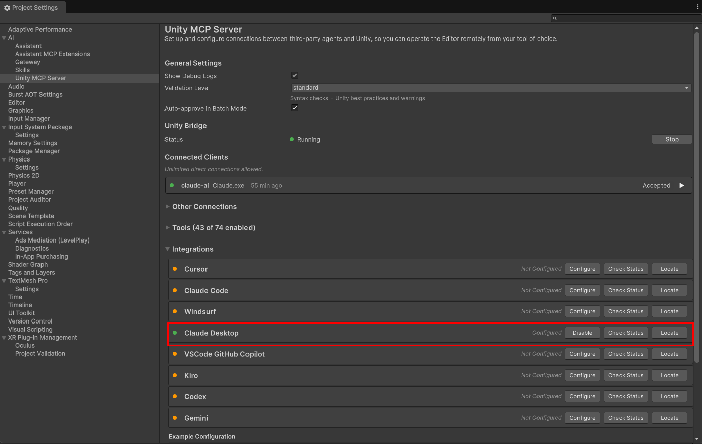 Agent integration options for the Unity MCP server