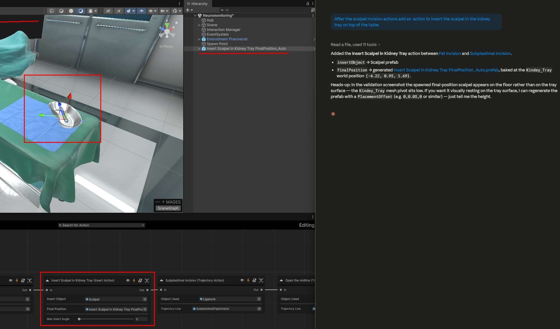 Insert action placing the scalpel on the kidney tray, with the generated final-position prefab visible in the scene